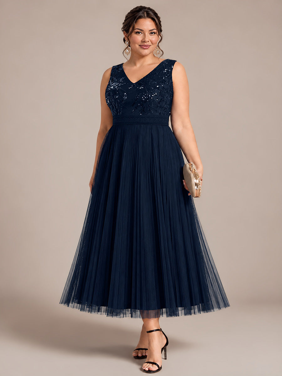 Maxilänge V-Ausschnitt A-Linien Kleid Aus Tüll Mit Pailletten Elegantes Abendkleid #Farbe_Marineblau