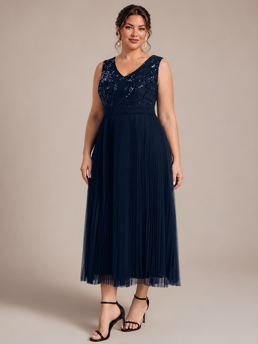 Maxilänge V-Ausschnitt A-Linien Kleid Aus Tüll Mit Pailletten Elegantes Abendkleid #Farbe_Marineblau