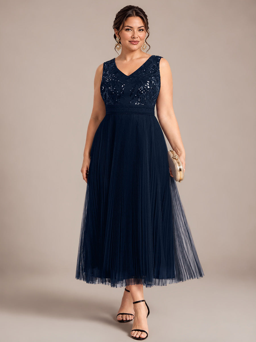 Maxilänge V-Ausschnitt A-Linien Kleid Aus Tüll Mit Pailletten Elegantes Abendkleid #Farbe_Marineblau