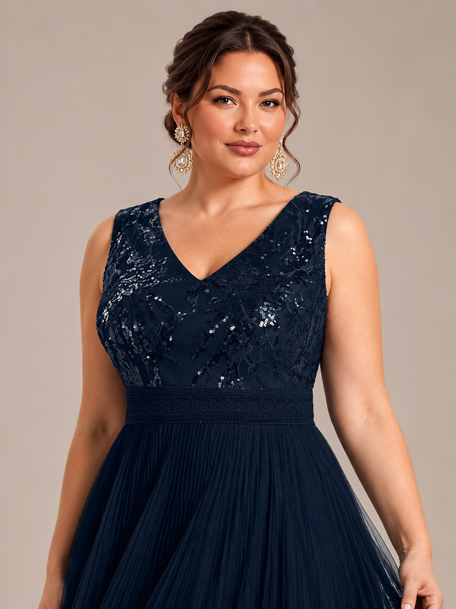 Maxilänge V-Ausschnitt A-Linien Kleid Aus Tüll Mit Pailletten Elegantes Abendkleid #Farbe_Marineblau