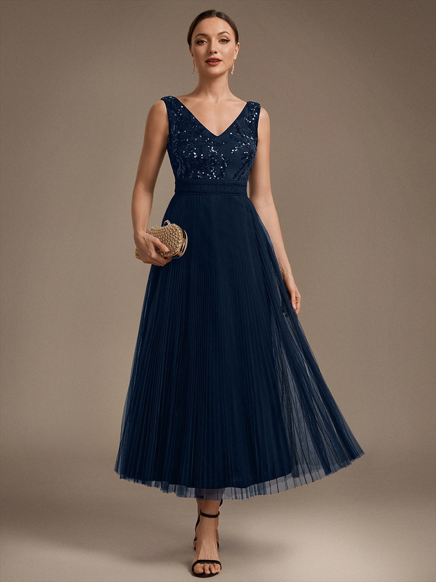 Maxilänge V-Ausschnitt A-Linien Kleid Aus Tüll Mit Pailletten Elegantes Abendkleid #Farbe_Marineblau