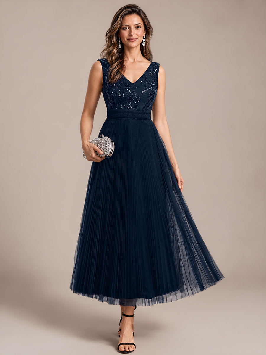 Maxilänge V-Ausschnitt A-Linien Kleid Aus Tüll Mit Pailletten Elegantes Abendkleid #Farbe_Marineblau