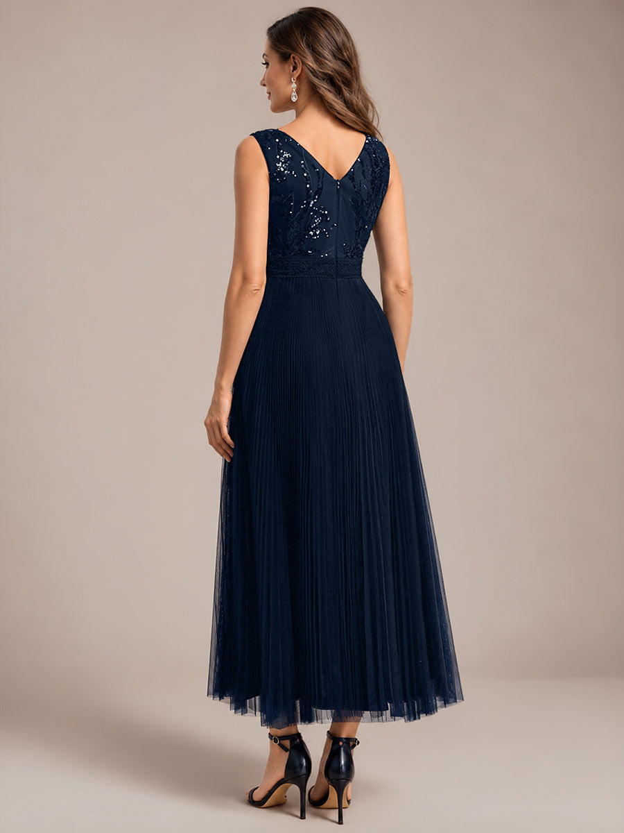 Maxilänge V-Ausschnitt A-Linien Kleid Aus Tüll Mit Pailletten Elegantes Abendkleid #Farbe_Marineblau
