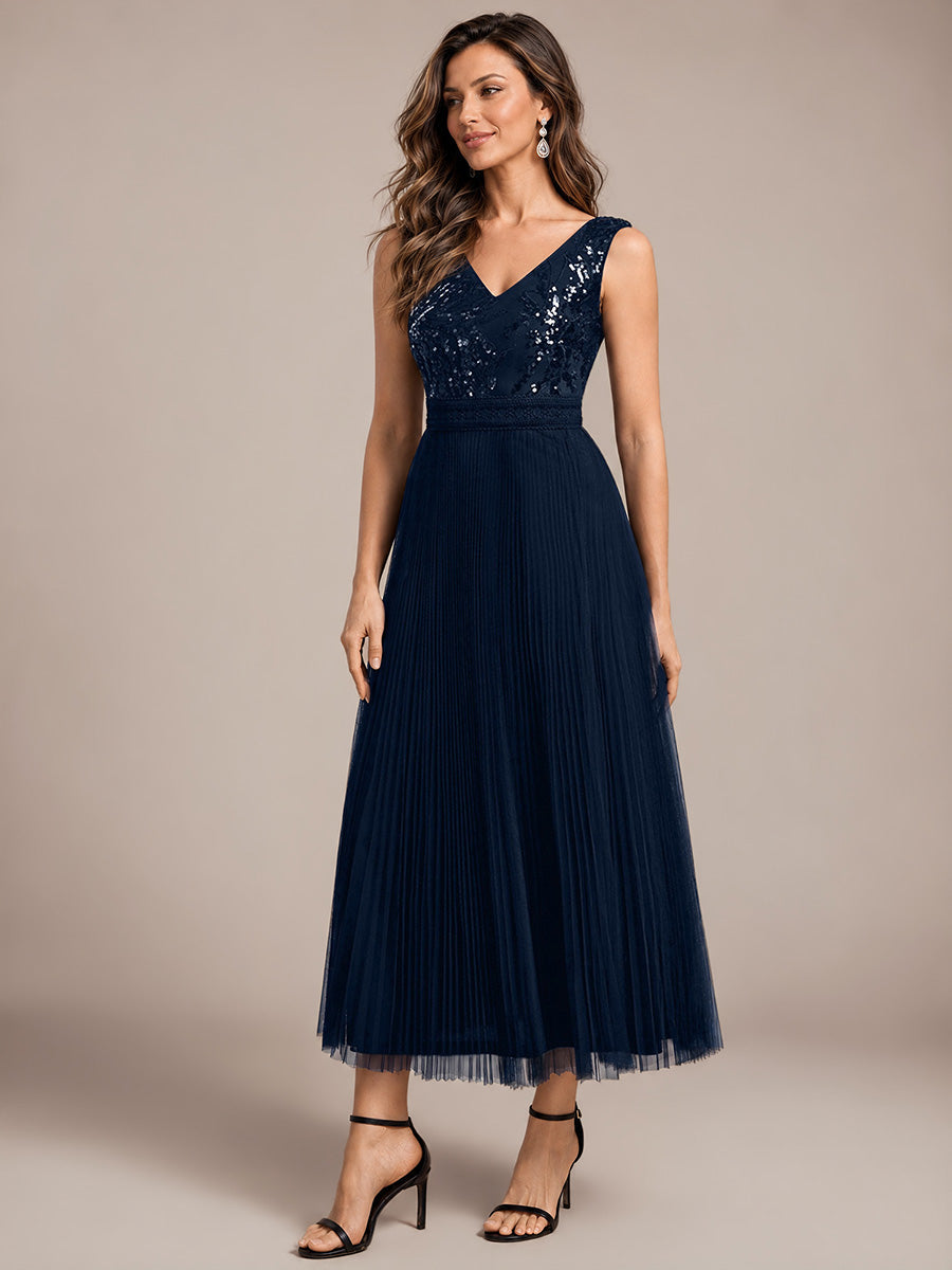 Maxilänge V-Ausschnitt A-Linien Kleid Aus Tüll Mit Pailletten Elegantes Abendkleid #Farbe_Marineblau