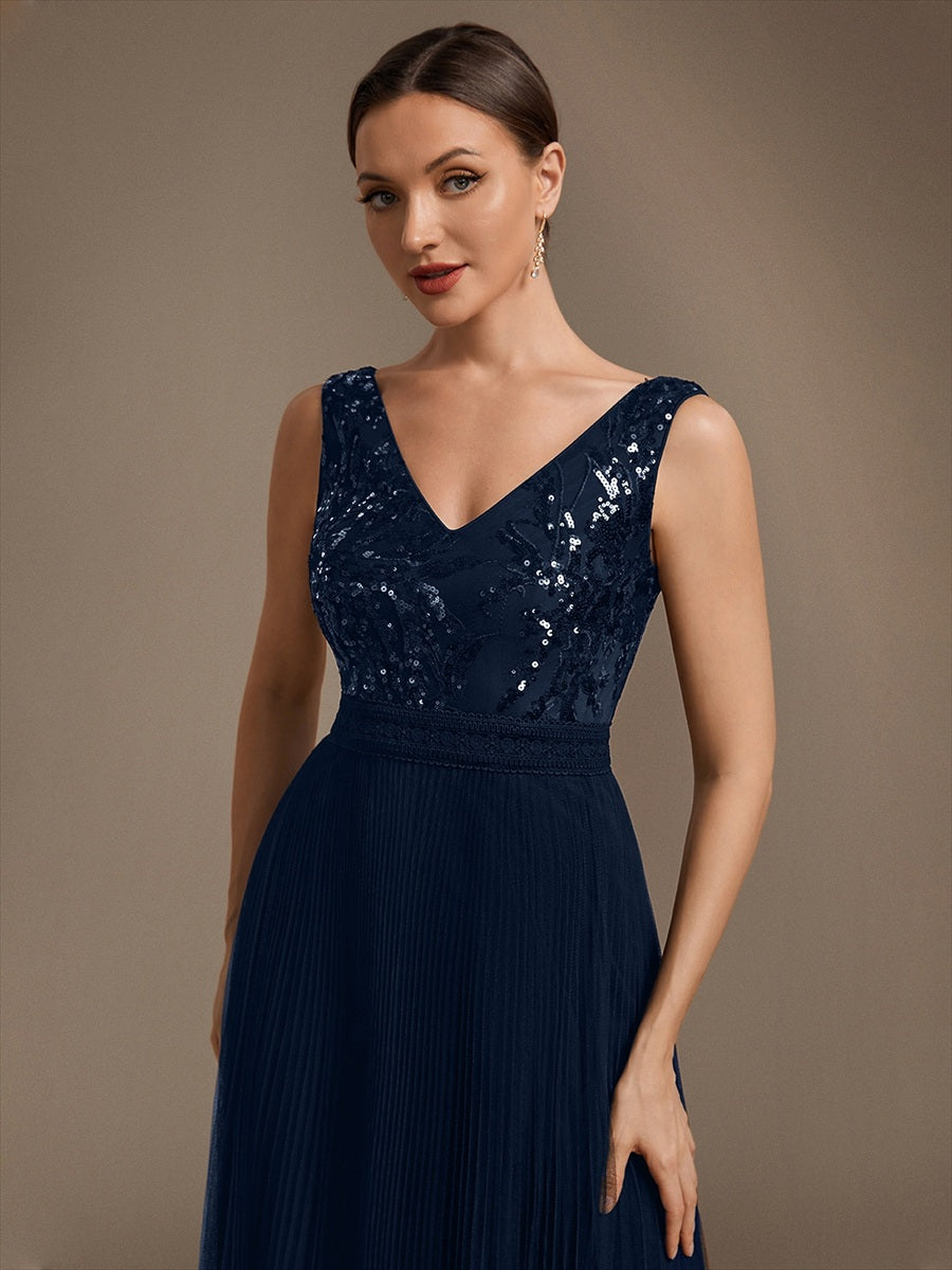 Maxilänge V-Ausschnitt A-Linien Kleid Aus Tüll Mit Pailletten Elegantes Abendkleid #Farbe_Marineblau