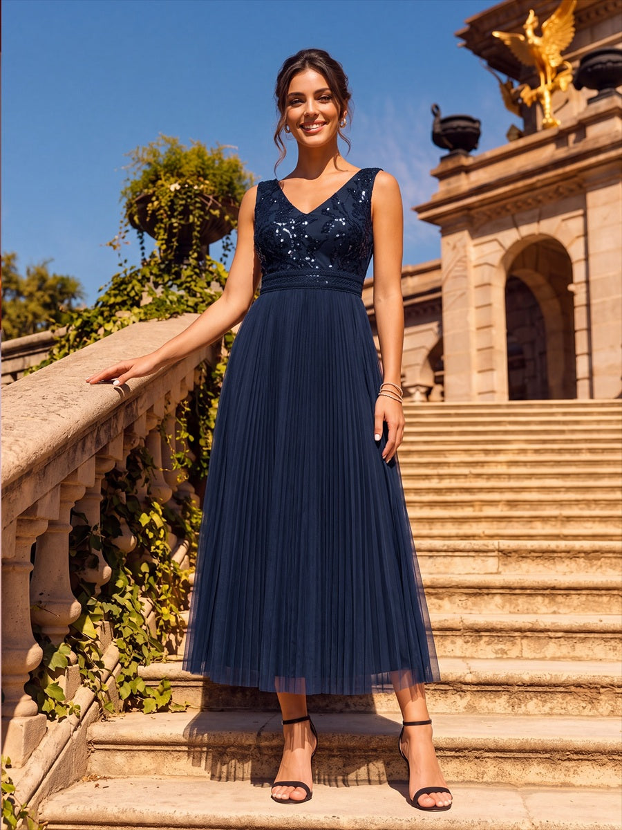 Maxilänge V-Ausschnitt A-Linien Kleid Aus Tüll Mit Pailletten Elegantes Abendkleid #Farbe_Marineblau