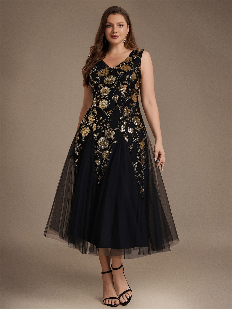 Ärmelloses Paillettenkleid mit Perlenstickerei und V-Ausschnitt hochzeitsgastkleid #Farbe_Schwarz & Gold
