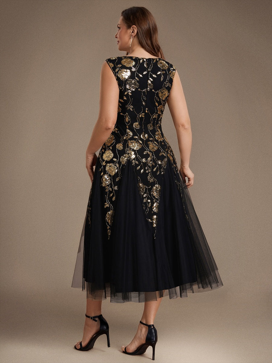 Ärmelloses Paillettenkleid mit Perlenstickerei und V-Ausschnitt hochzeitsgastkleid #Farbe_Schwarz & Gold