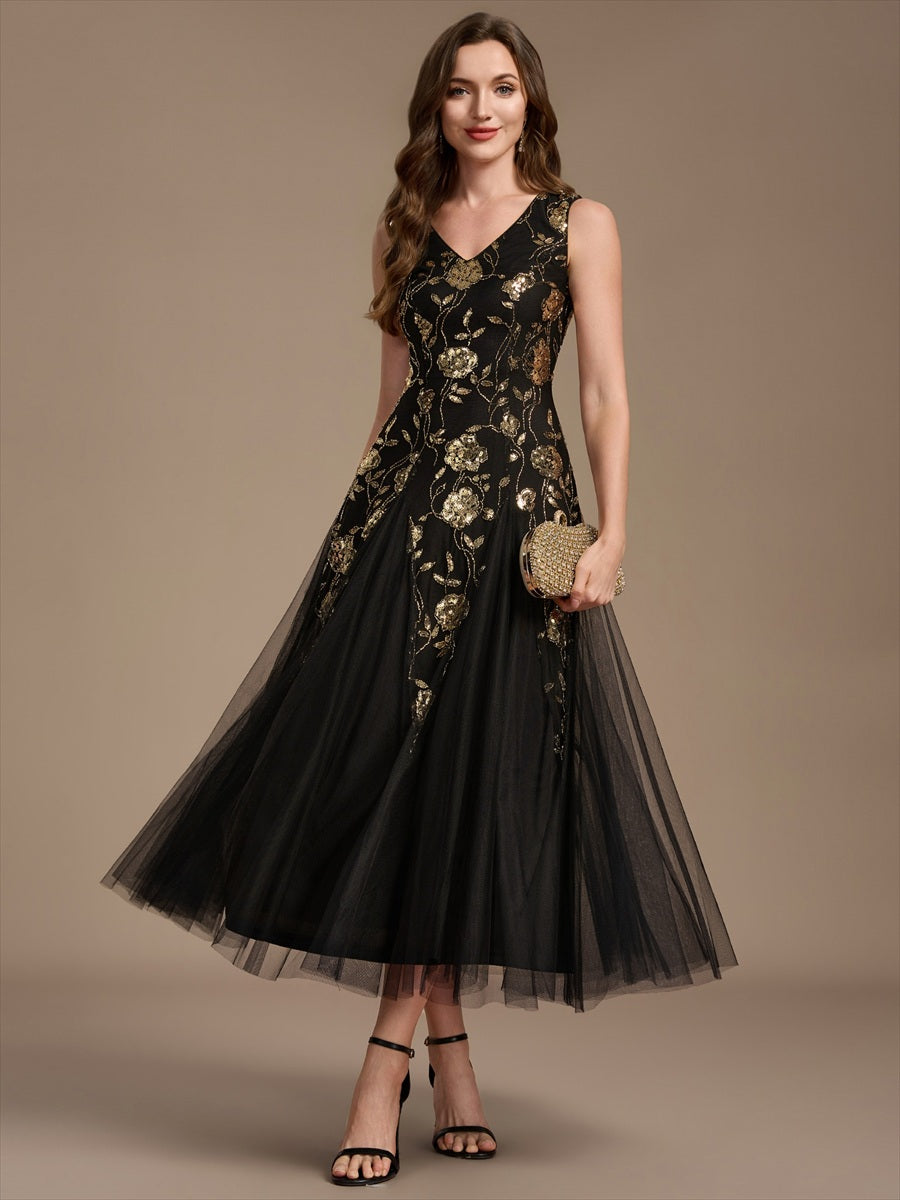 Ärmelloses Paillettenkleid mit Perlenstickerei und V-Ausschnitt hochzeitsgastkleid #Farbe_Schwarz & Gold