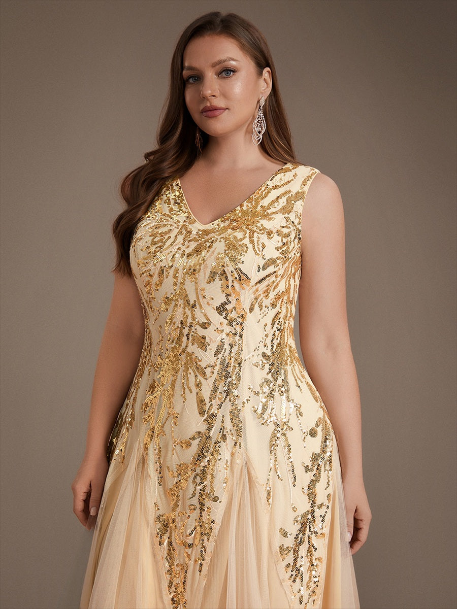 Paillettenkleid mit V-Ausschnitt und A-Linie für Hochzeitsgäste hochzeitsgastkleid #Farbe_Gold