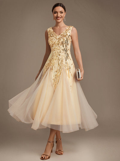 Paillettenkleid mit V-Ausschnitt und A-Linie für Hochzeitsgäste hochzeitsgastkleid #Farbe_Gold