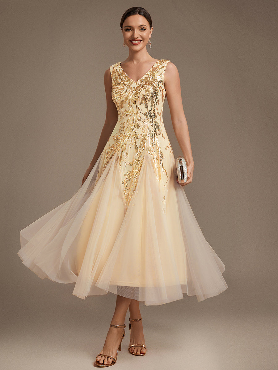 Paillettenkleid mit V-Ausschnitt und A-Linie für Hochzeitsgäste hochzeitsgastkleid #Farbe_Gold