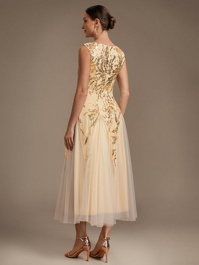 Paillettenkleid mit V-Ausschnitt und A-Linie für Hochzeitsgäste hochzeitsgastkleid #Farbe_Gold