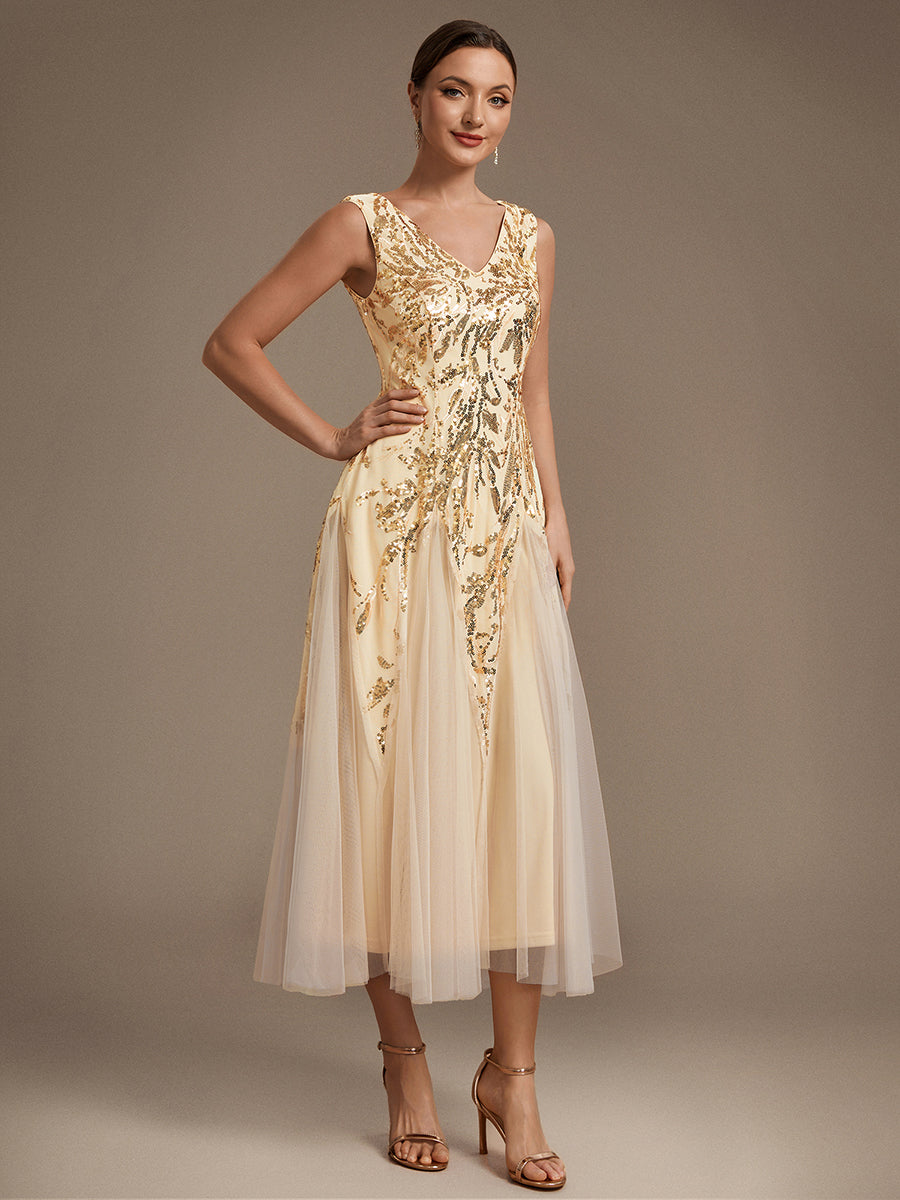 Paillettenkleid mit V-Ausschnitt und A-Linie für Hochzeitsgäste hochzeitsgastkleid #Farbe_Gold