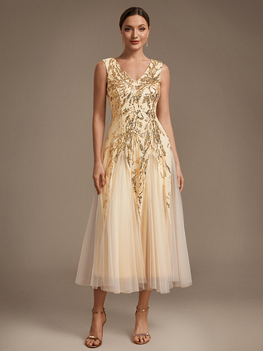 Paillettenkleid mit V-Ausschnitt und A-Linie für Hochzeitsgäste hochzeitsgastkleid #Farbe_Gold