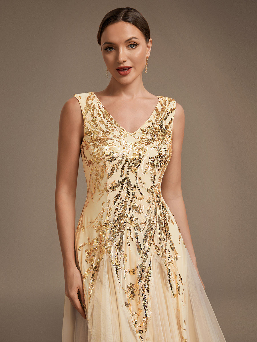 Paillettenkleid mit V-Ausschnitt und A-Linie für Hochzeitsgäste hochzeitsgastkleid #Farbe_Gold