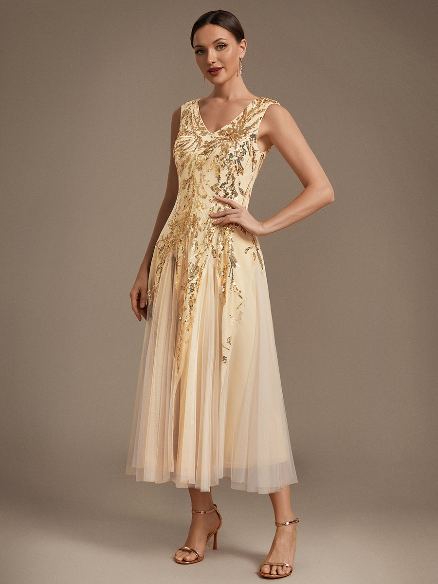 Paillettenkleid mit V-Ausschnitt und A-Linie für Hochzeitsgäste hochzeitsgastkleid #Farbe_Gold