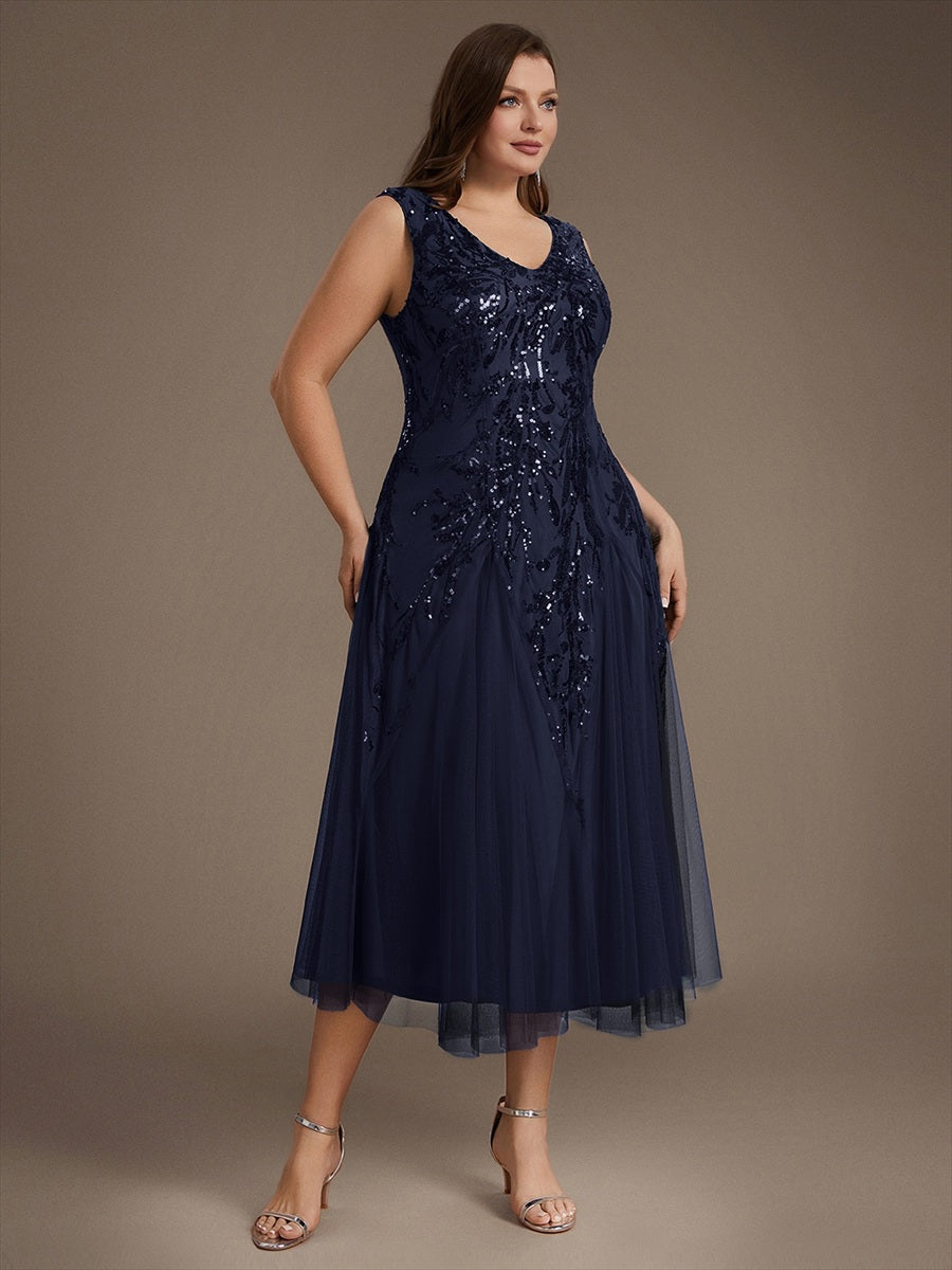 Paillettenkleid mit V-Ausschnitt und A-Linie für Hochzeitsgäste hochzeitsgastkleid #Farbe_Marineblau