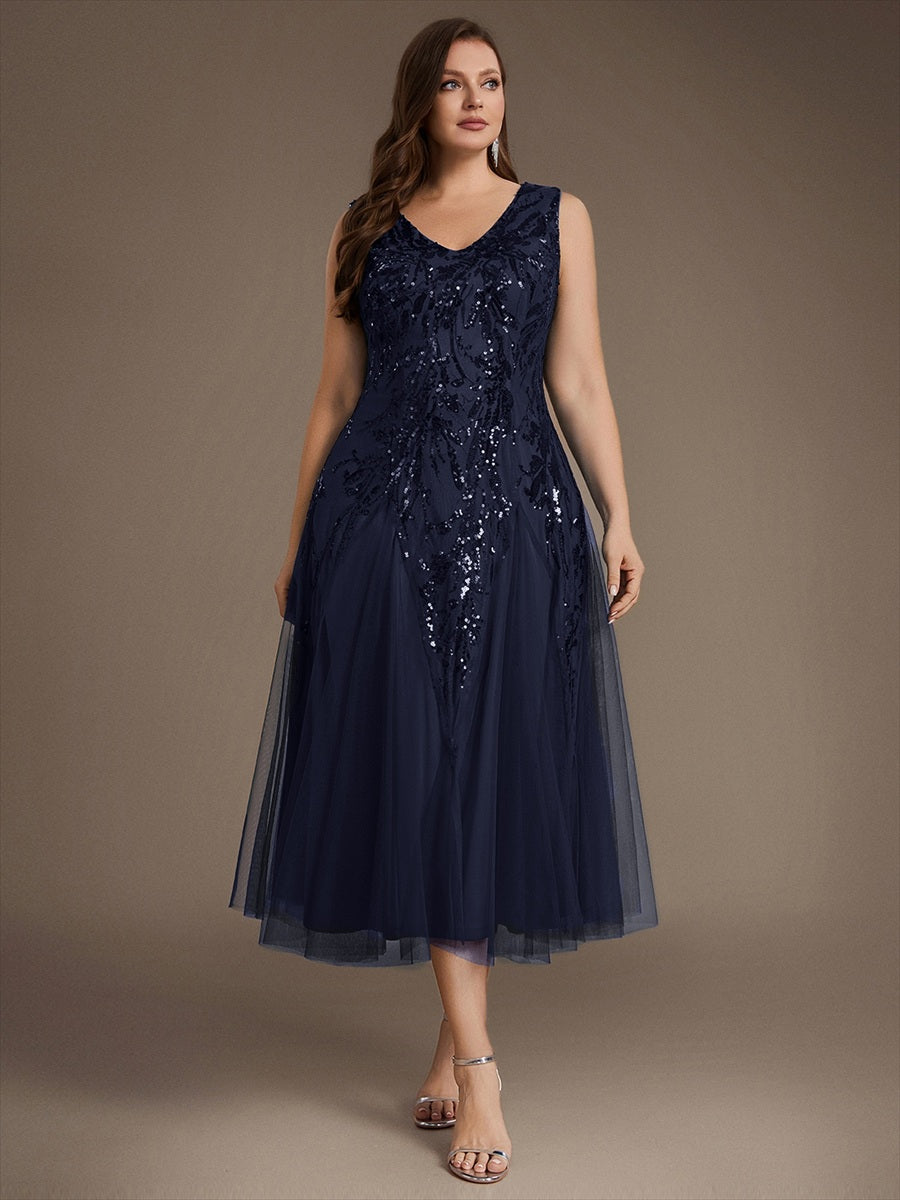 Paillettenkleid mit V-Ausschnitt und A-Linie für Hochzeitsgäste hochzeitsgastkleid #Farbe_Marineblau