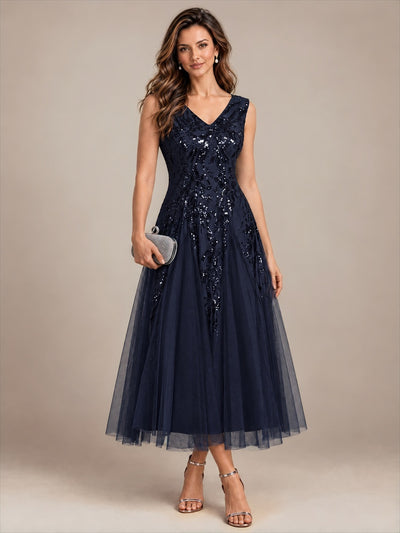 Paillettenkleid mit V-Ausschnitt und A-Linie für Hochzeitsgäste hochzeitsgastkleid #Farbe_Marineblau