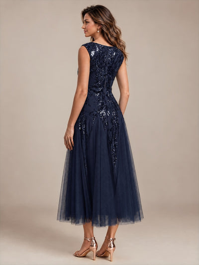 Paillettenkleid mit V-Ausschnitt und A-Linie für Hochzeitsgäste hochzeitsgastkleid #Farbe_Marineblau