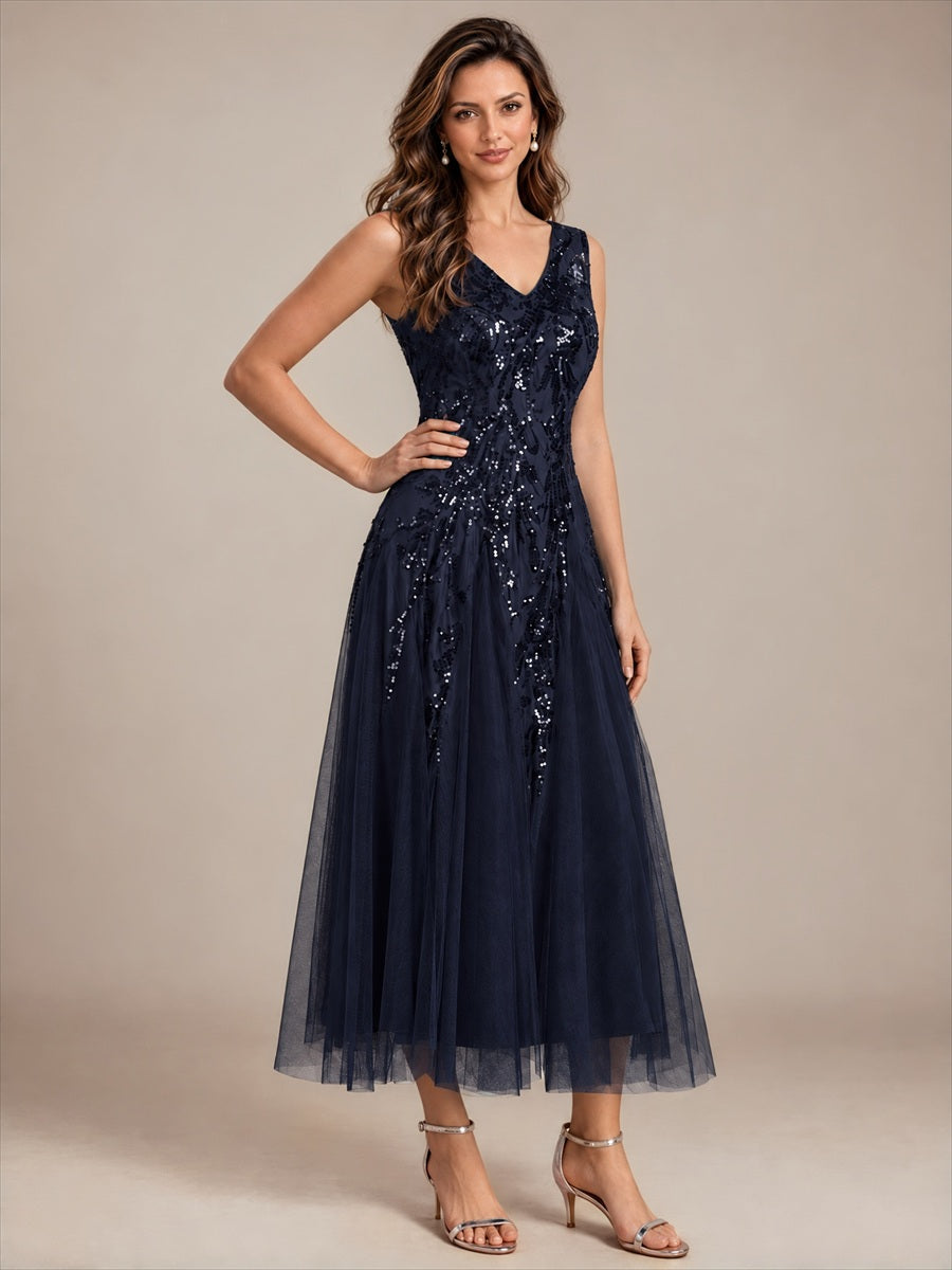 Paillettenkleid mit V-Ausschnitt und A-Linie für Hochzeitsgäste hochzeitsgastkleid #Farbe_Marineblau