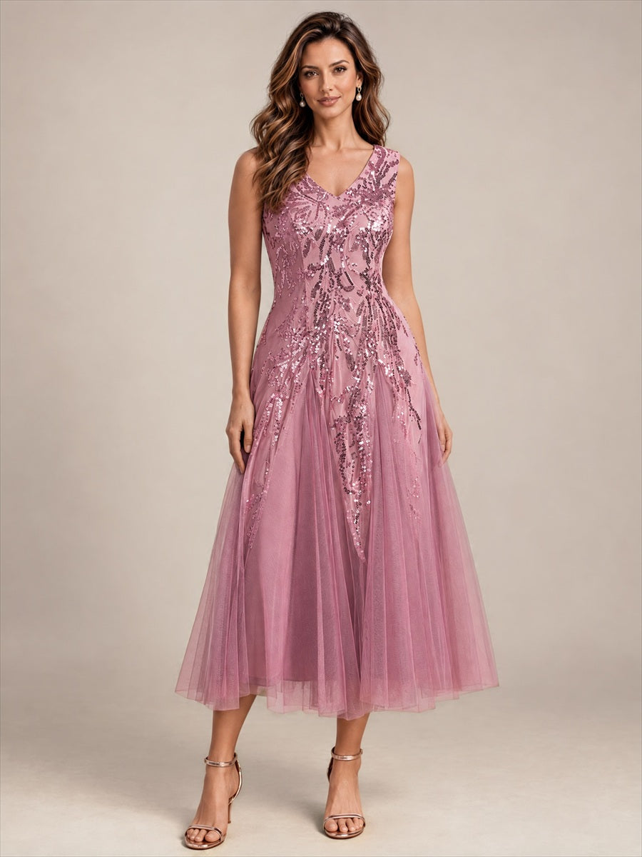 Paillettenkleid mit V-Ausschnitt und A-Linie für Hochzeitsgäste hochzeitsgastkleid #Farbe_Orchideenviolett