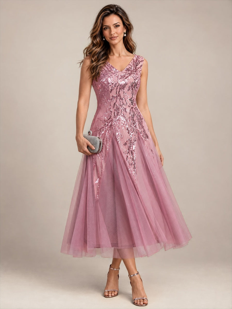 Paillettenkleid mit V-Ausschnitt und A-Linie für Hochzeitsgäste hochzeitsgastkleid #Farbe_Orchideenviolett