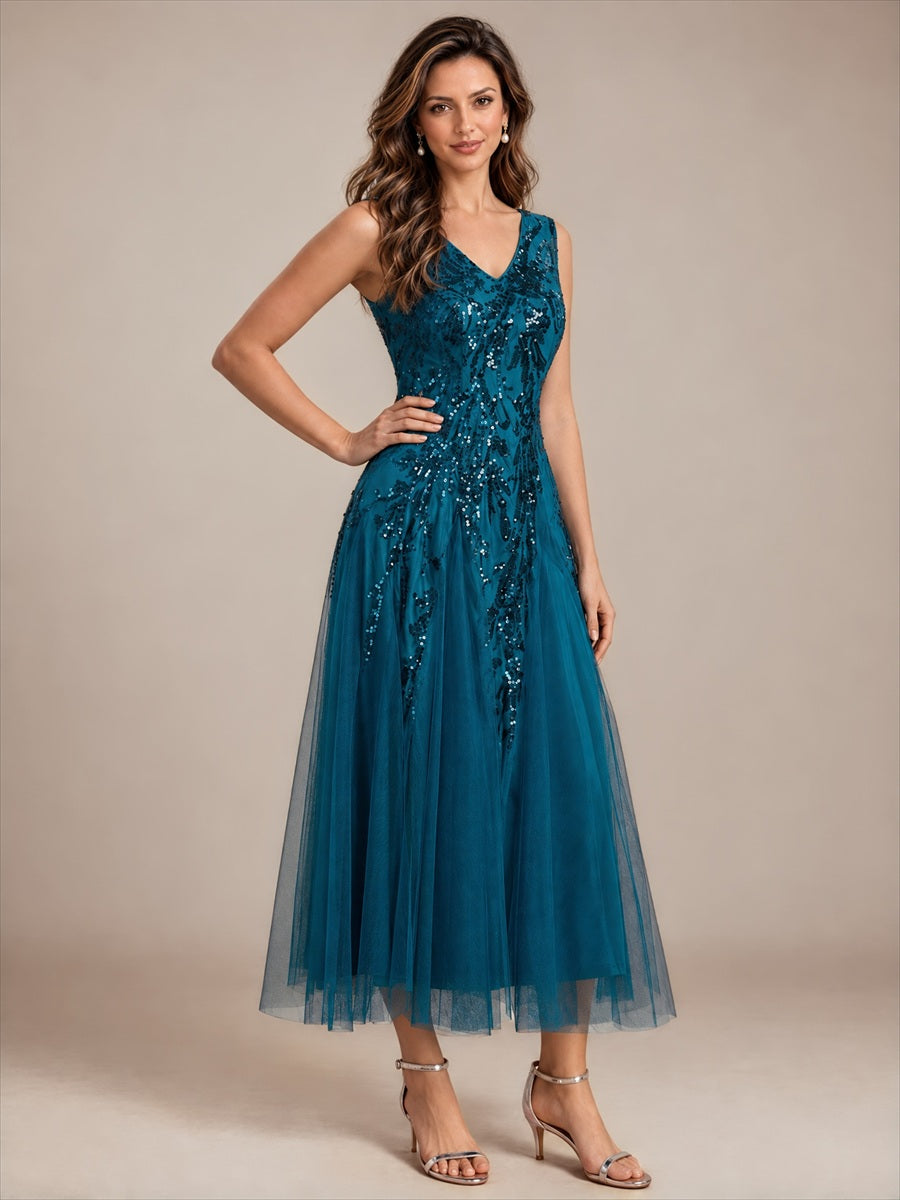 Paillettenkleid mit V-Ausschnitt und A-Linie für Hochzeitsgäste hochzeitsgastkleid #Farbe_Petrol
