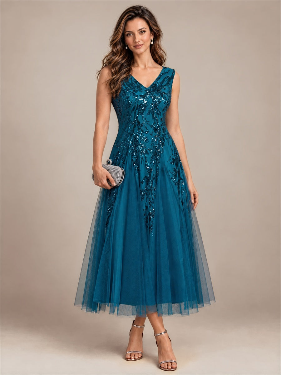 Paillettenkleid mit V-Ausschnitt und A-Linie für Hochzeitsgäste hochzeitsgastkleid #Farbe_Petrol