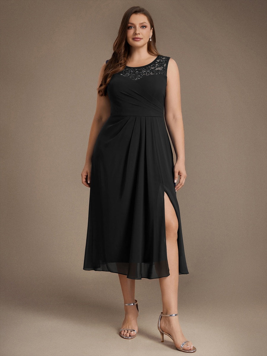 Chiffon mit A-Linie, Ärmellos, und hochzeitsgastkleid #Farbe_Schwarz