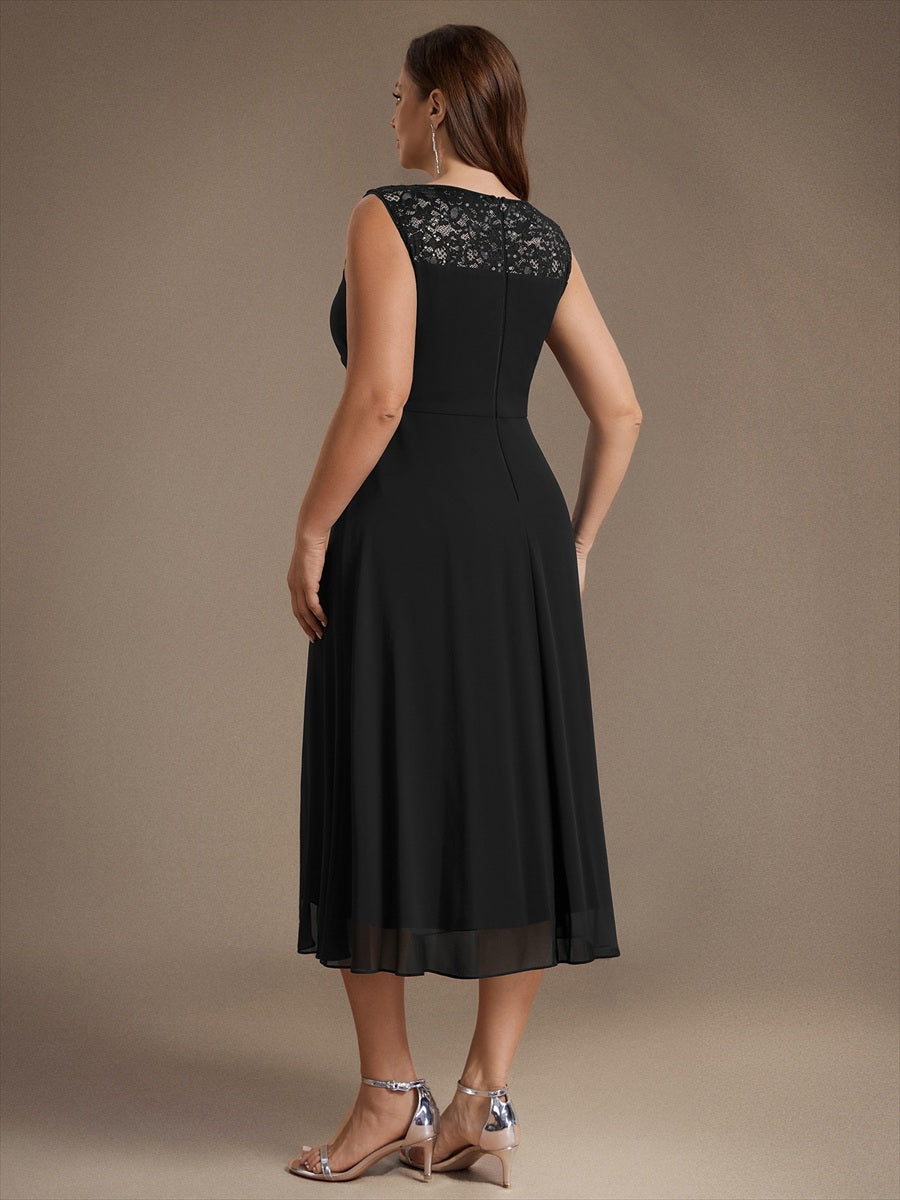 Chiffon mit A-Linie, Ärmellos, und hochzeitsgastkleid #Farbe_Schwarz