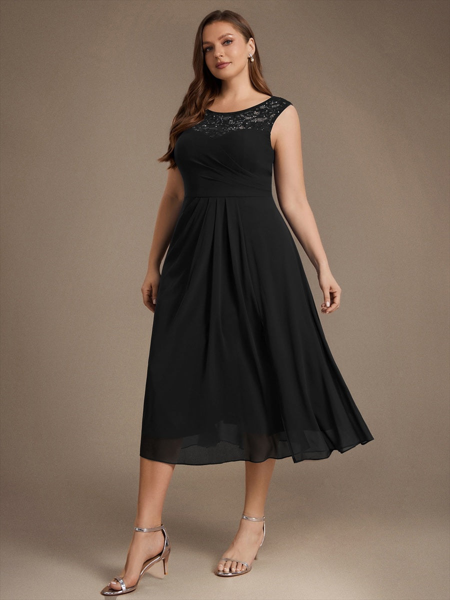 Chiffon mit A-Linie, Ärmellos, und hochzeitsgastkleid #Farbe_Schwarz