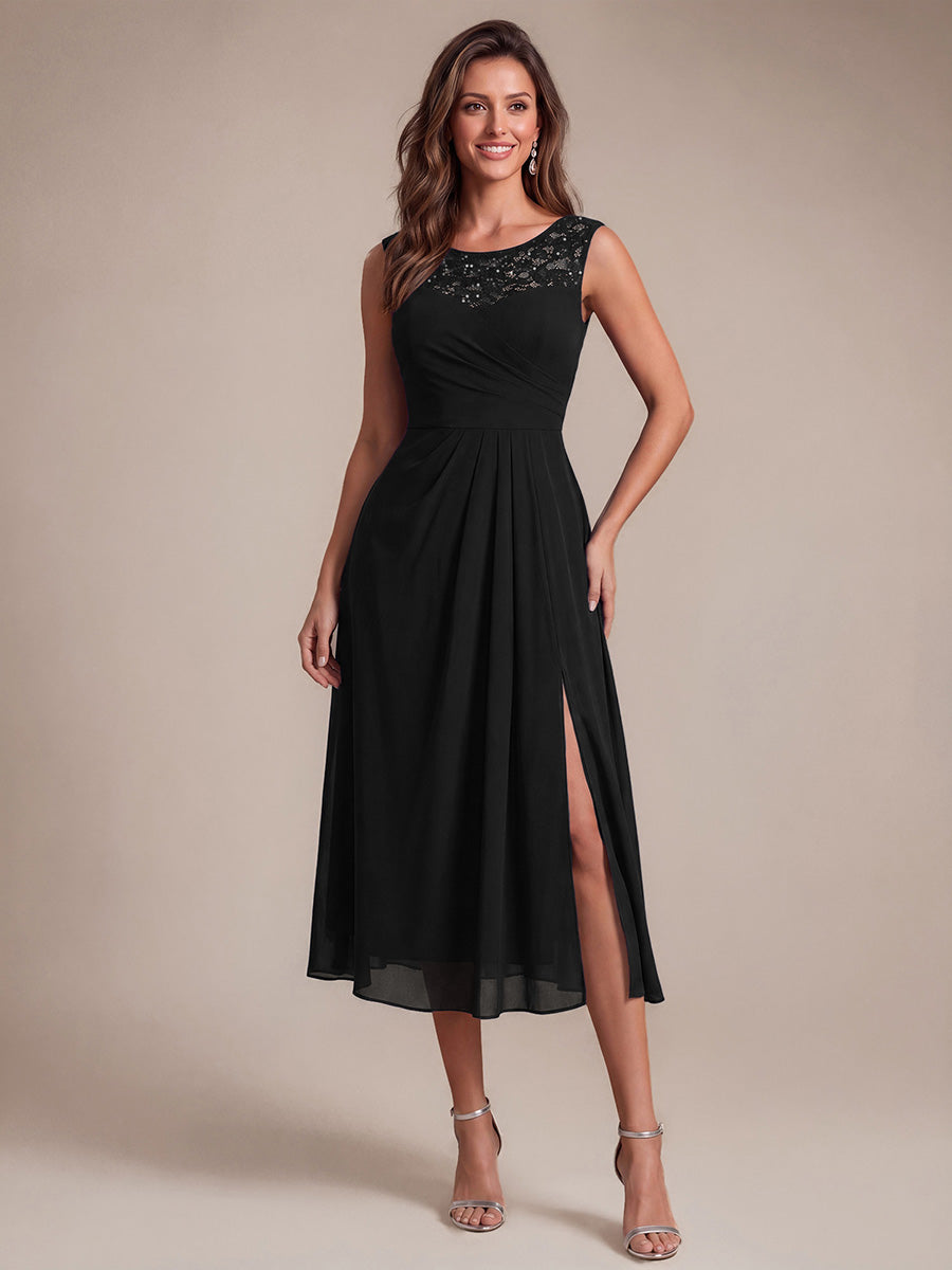 Chiffon mit A-Linie, Ärmellos, und hochzeitsgastkleid #Farbe_Schwarz