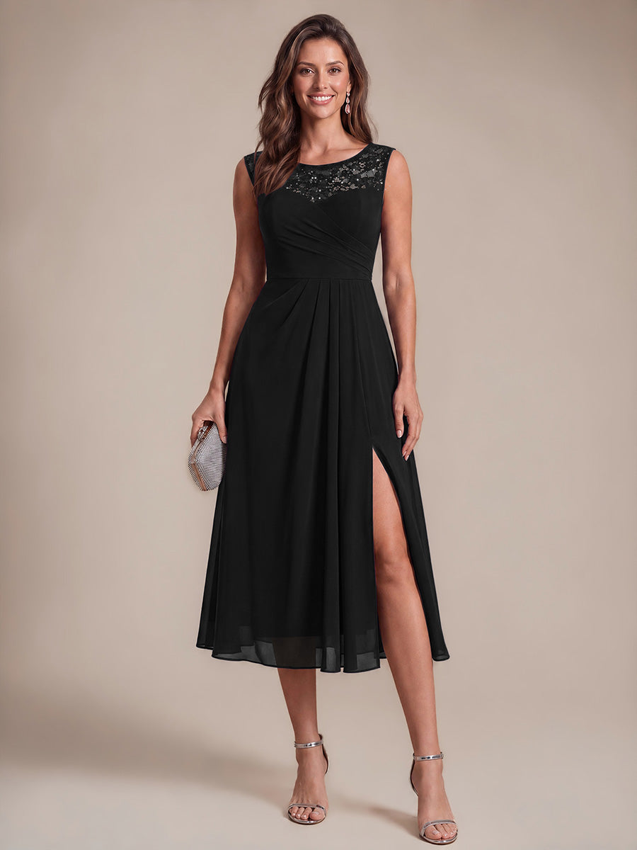 Chiffon mit A-Linie, Ärmellos, und hochzeitsgastkleid #Farbe_Schwarz