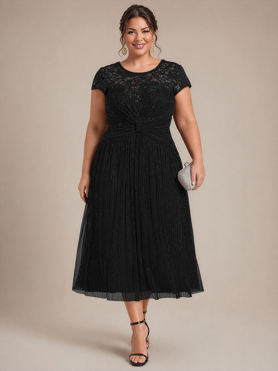 Midi Tee Länge A Linie Kleid Rund Ausschnitt Tüll Elegantes Design Besondere Anlässe #Farbe_Schwarz