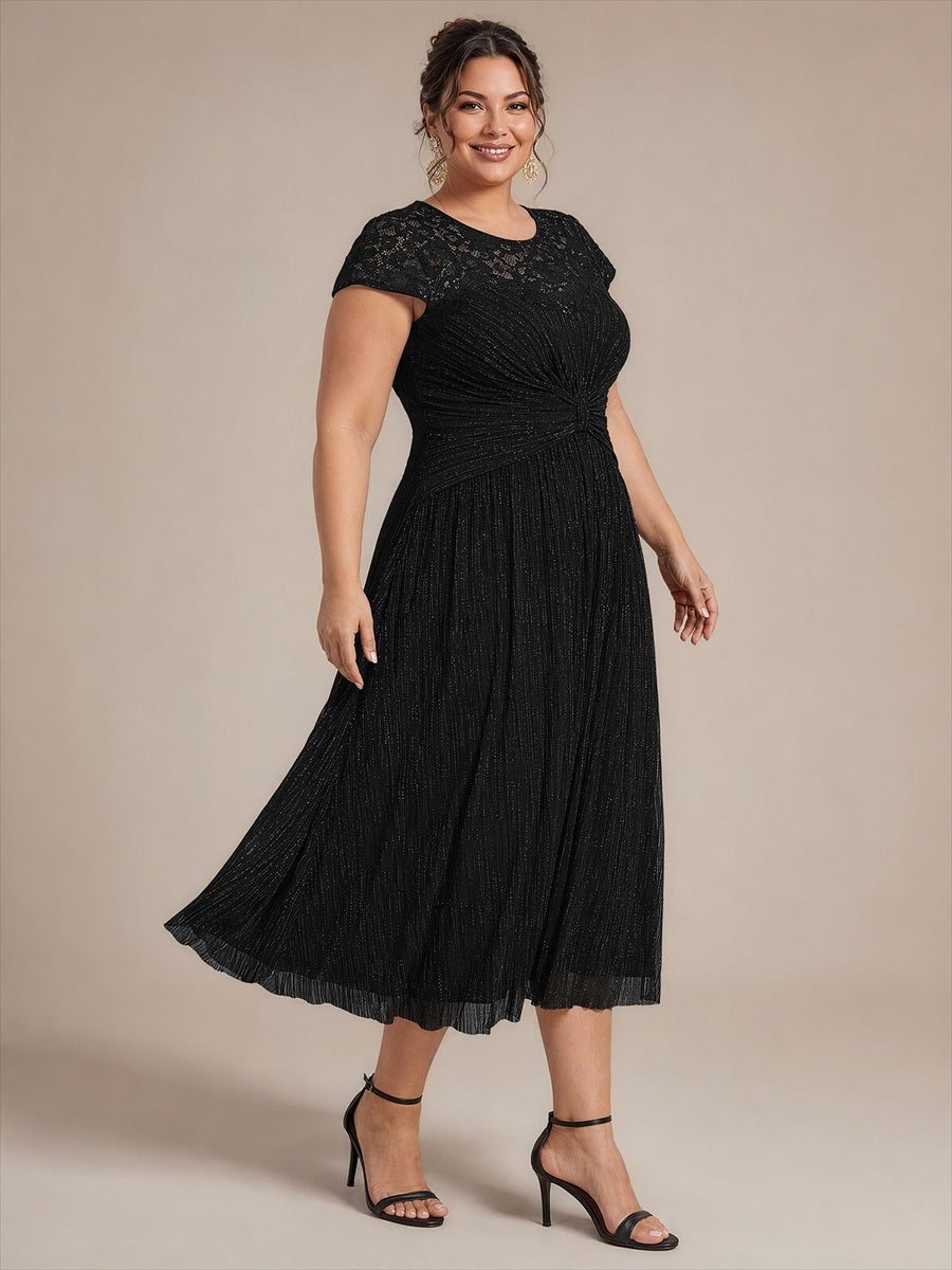 Midi Tee Länge A Linie Kleid Rund Ausschnitt Tüll Elegantes Design Besondere Anlässe #Farbe_Schwarz