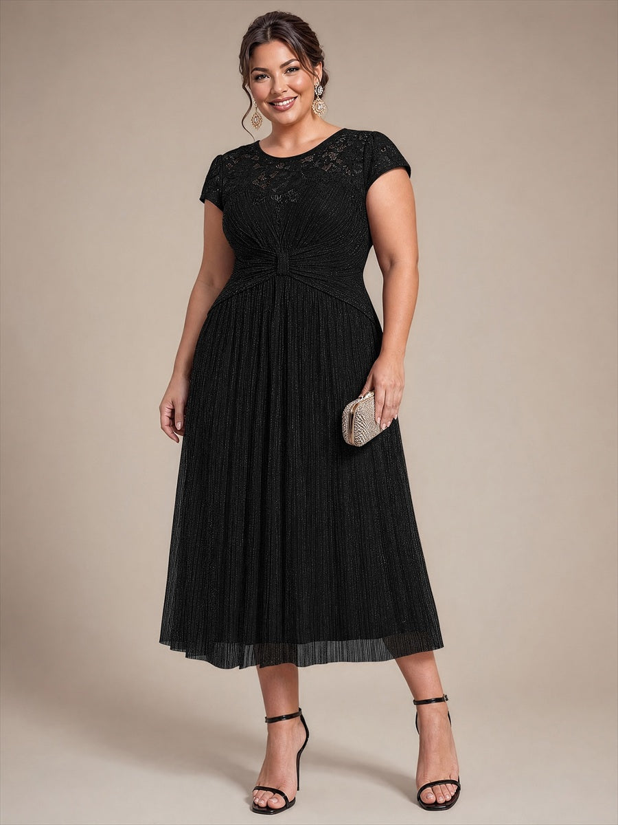 Midi Tee Länge A Linie Kleid Rund Ausschnitt Tüll Elegantes Design Besondere Anlässe #Farbe_Schwarz