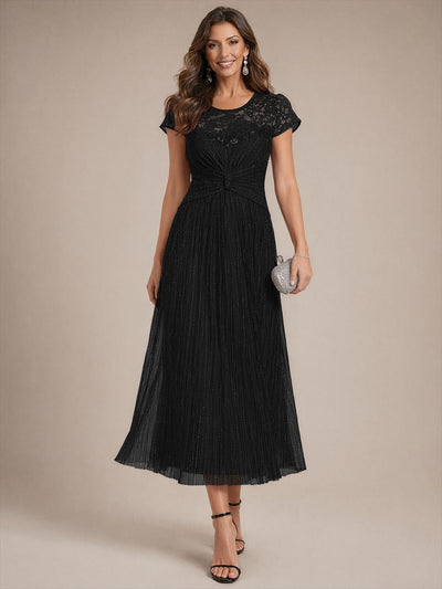 Midi Tee Länge A Linie Kleid Rund Ausschnitt Tüll Elegantes Design Besondere Anlässe #Farbe_Schwarz