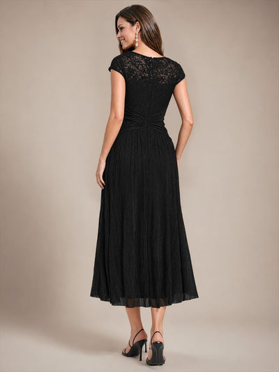 Midi Tee Länge A Linie Kleid Rund Ausschnitt Tüll Elegantes Design Besondere Anlässe #Farbe_Schwarz