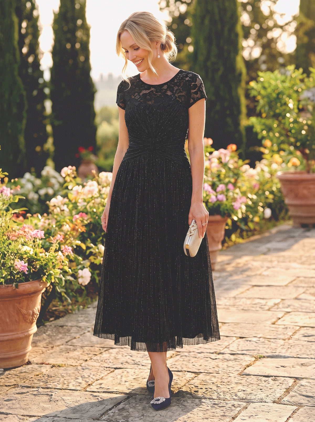 Midi Tee Länge A Linie Kleid Rund Ausschnitt Tüll Elegantes Design Besondere Anlässe #Farbe_Schwarz