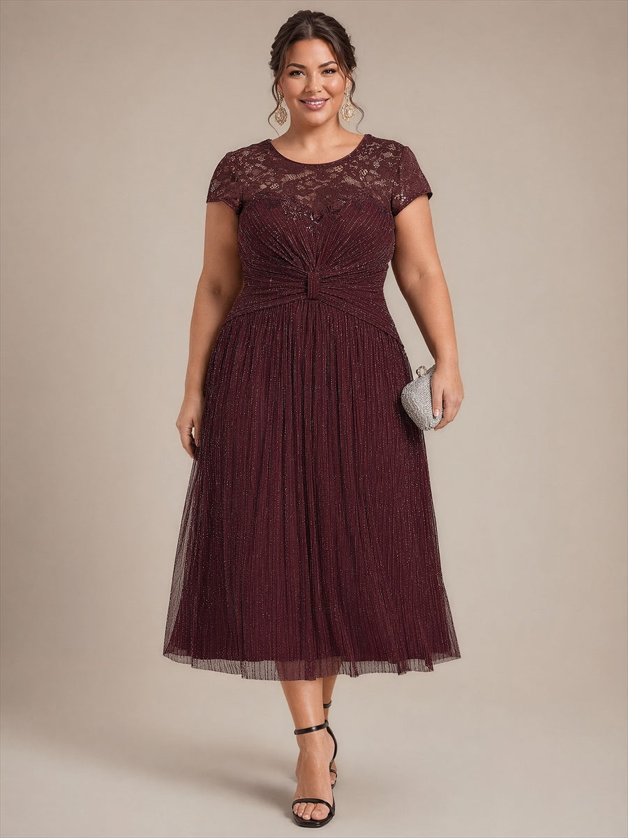 Midi Tee Länge A Linie Kleid Rund Ausschnitt Tüll Elegantes Design Besondere Anlässe #Farbe_Mahagonibraun