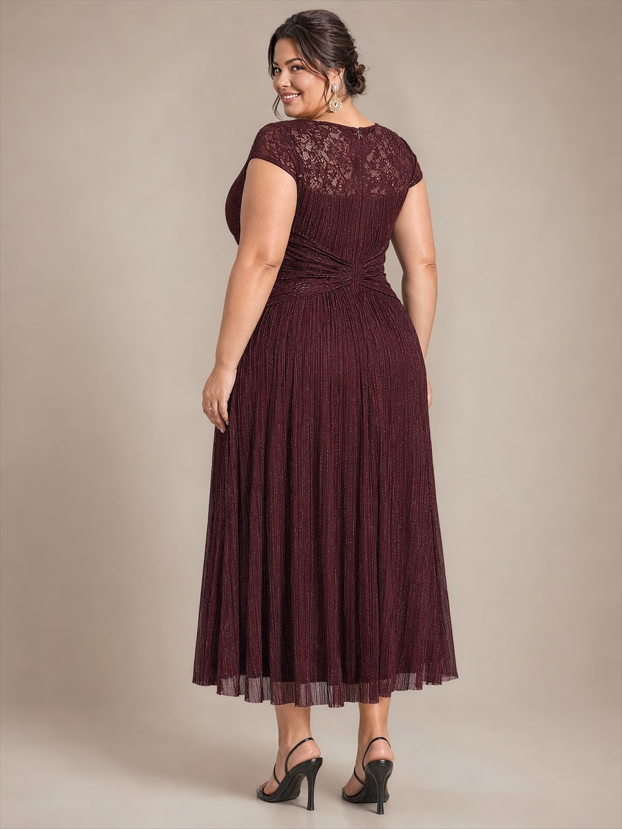 Midi Tee Länge A Linie Kleid Rund Ausschnitt Tüll Elegantes Design Besondere Anlässe #Farbe_Mahagonibraun