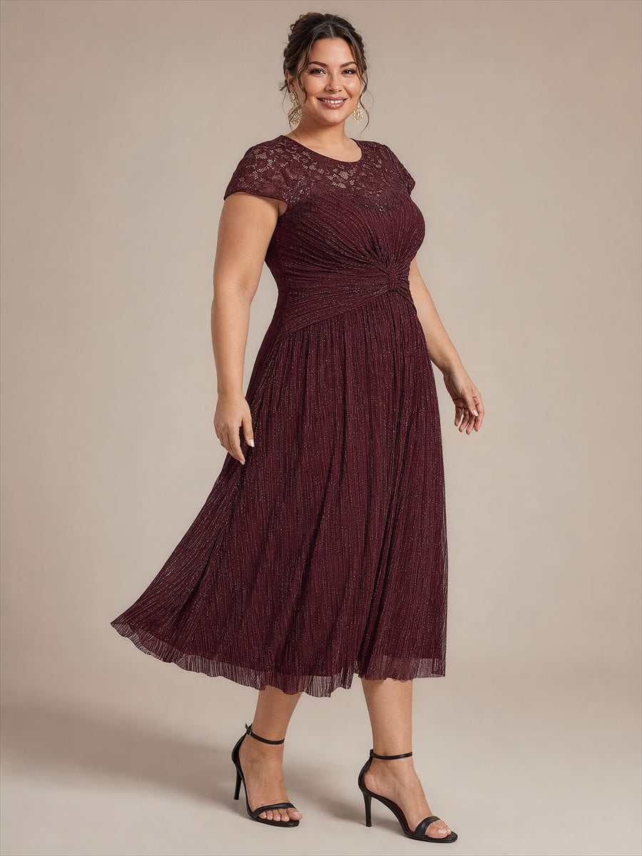 Midi Tee Länge A Linie Kleid Rund Ausschnitt Tüll Elegantes Design Besondere Anlässe #Farbe_Mahagonibraun