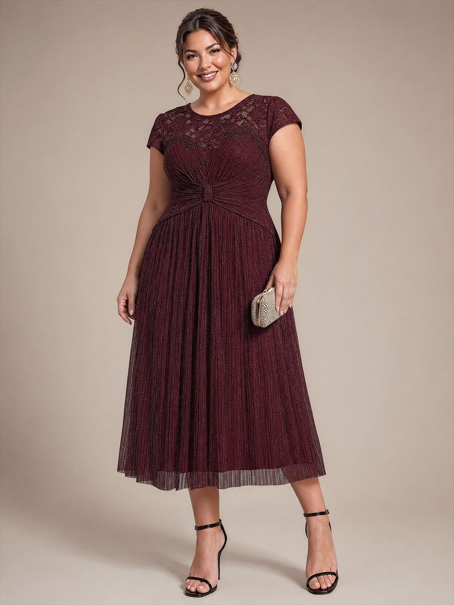 Midi Tee Länge A Linie Kleid Rund Ausschnitt Tüll Elegantes Design Besondere Anlässe #Farbe_Mahagonibraun