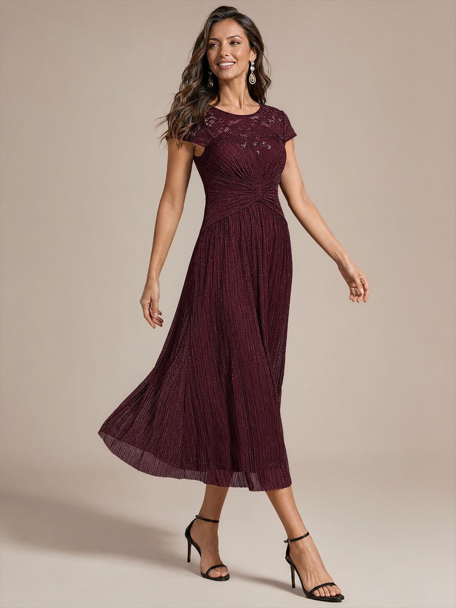 Midi Tee Länge A Linie Kleid Rund Ausschnitt Tüll Elegantes Design Besondere Anlässe #Farbe_Mahagonibraun