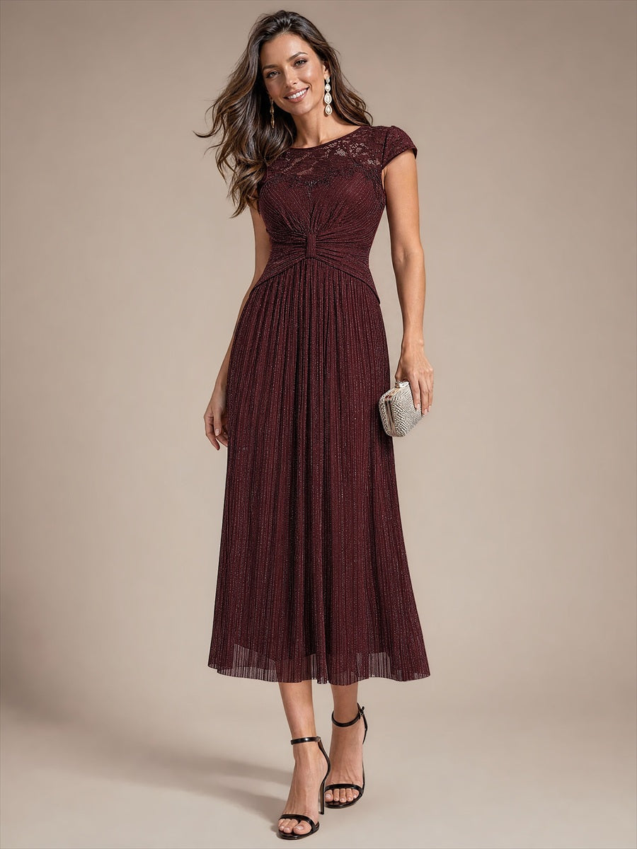 Midi Tee Länge A Linie Kleid Rund Ausschnitt Tüll Elegantes Design Besondere Anlässe #Farbe_Mahagonibraun