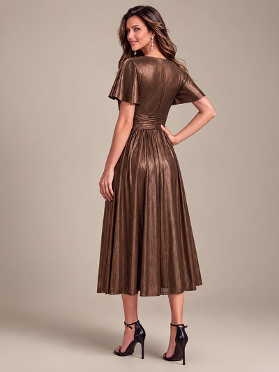 Tea Länge V Ausschnitt Netz Kleid Mit Fließendem Rock Perfekt Für Hochzeiten Und Besondere Anlässe Kleid #Farbe_Schokoladenbraun