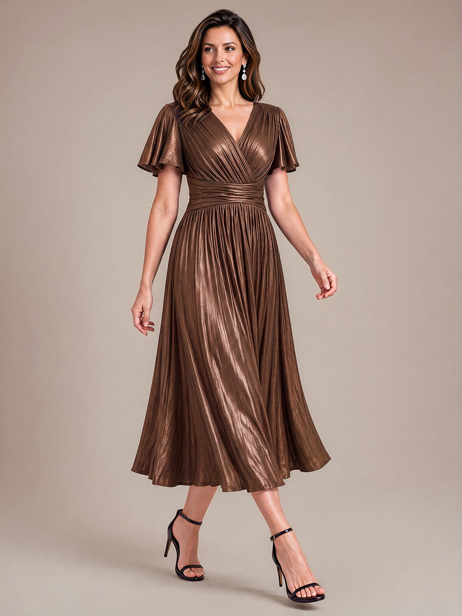 Tea Länge V Ausschnitt Netz Kleid Mit Fließendem Rock Perfekt Für Hochzeiten Und Besondere Anlässe Kleid #Farbe_Schokoladenbraun