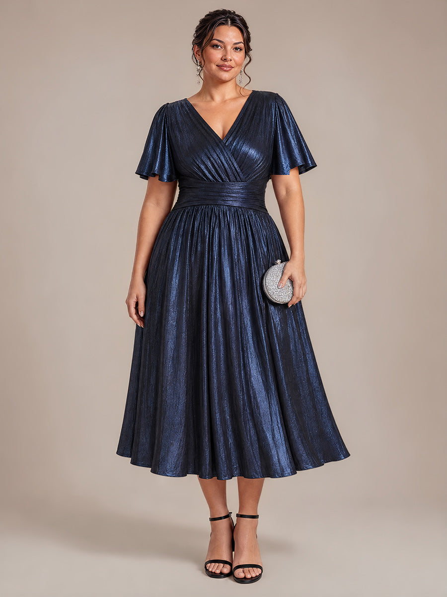 Tea Länge V Ausschnitt Netz Kleid Mit Fließendem Rock Perfekt Für Hochzeiten Und Besondere Anlässe Kleid #Farbe_Marineblau